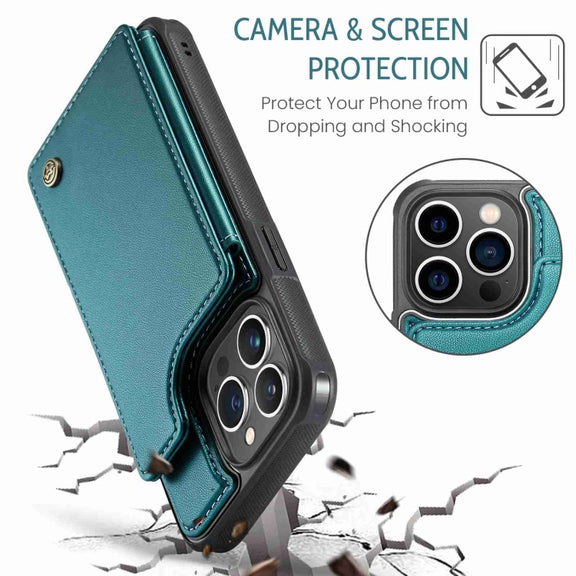 For iPhone 13 Pro Max CaseMe C22 Card Slots Holder RFID Anti-theft Phone Case(Blue Green)