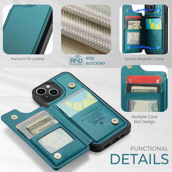 For iPhone 14 CaseMe C22 Card Slots Holder RFID Anti-theft Phone Case(Blue Green)