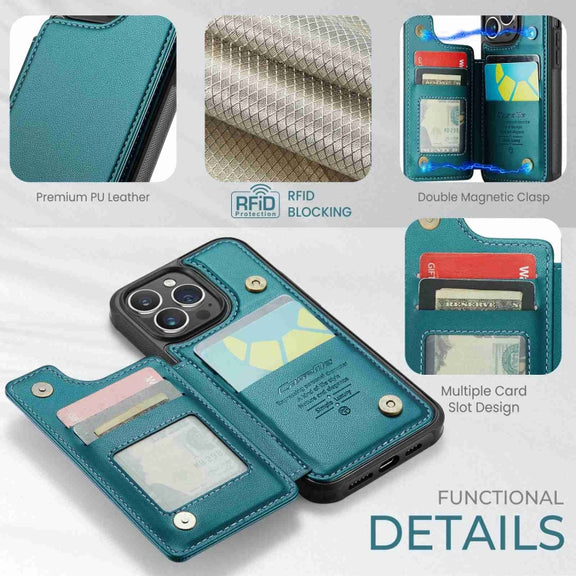 For iPhone 14 Pro Max CaseMe C22 Card Slots Holder RFID Anti-theft Phone Case(Blue Green)