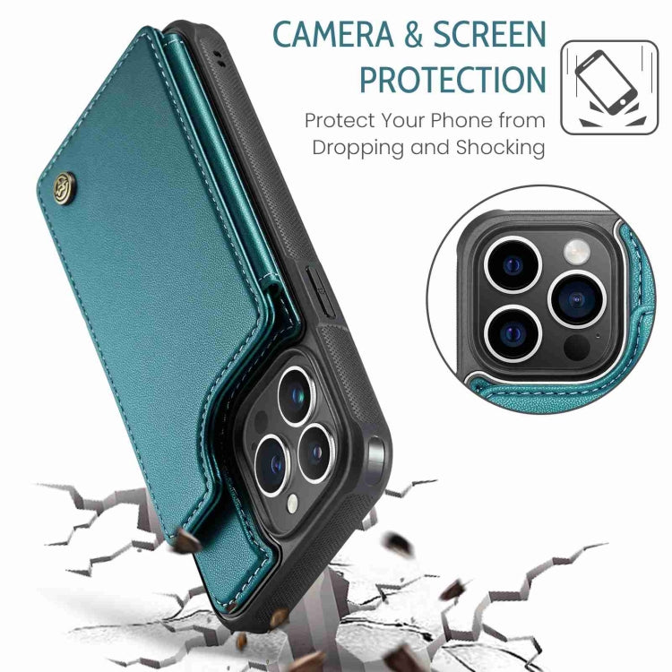 For iPhone 14 Pro Max CaseMe C22 Card Slots Holder RFID Anti-theft Phone Case(Blue Green)