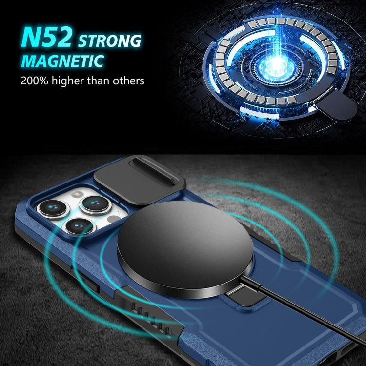 For iPhone 15 Pro Max Sliding Camshield Magsafe Holder TPU Hybrid PC Phone Case(Royal Blue)