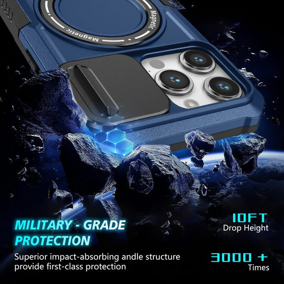 For iPhone 15 Pro Max Sliding Camshield Magsafe Holder TPU Hybrid PC Phone Case(Royal Blue)