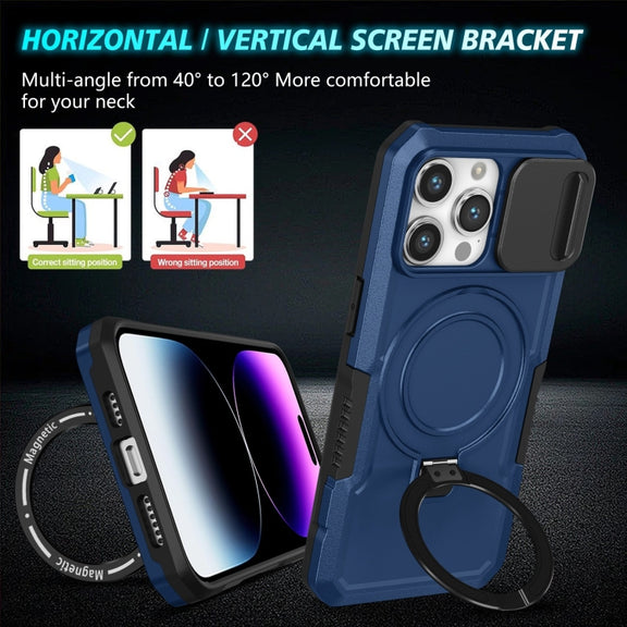 For iPhone 15 Pro Max Sliding Camshield Magsafe Holder TPU Hybrid PC Phone Case(Royal Blue)