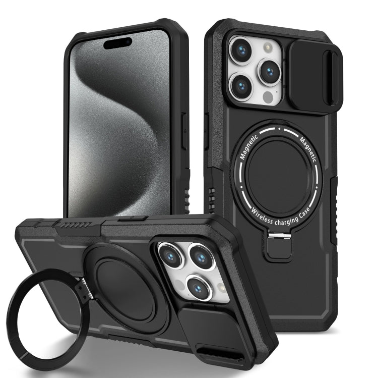 For iPhone 15 Pro Sliding Camshield MagSafe Holder TPU Hybrid PC Phone Case(Black)