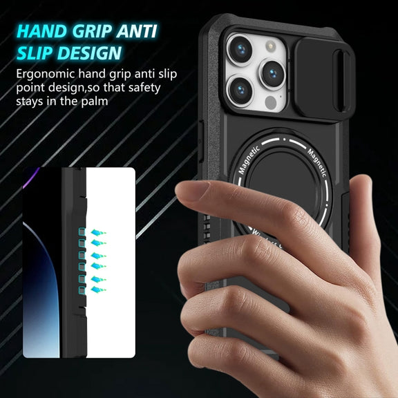 For iPhone 15 Pro Sliding Camshield MagSafe Holder TPU Hybrid PC Phone Case(Black)