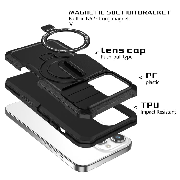 For iPhone 15 Pro Sliding Camshield MagSafe Holder TPU Hybrid PC Phone Case(Black)