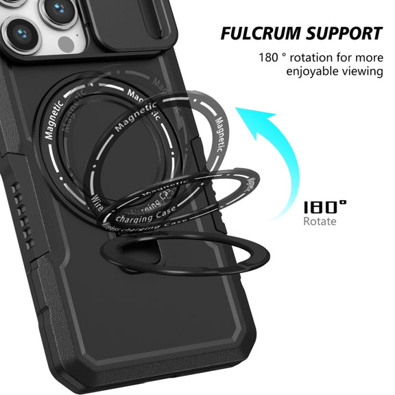 For iPhone 15 Pro Sliding Camshield MagSafe Holder TPU Hybrid PC Phone Case(Black)
