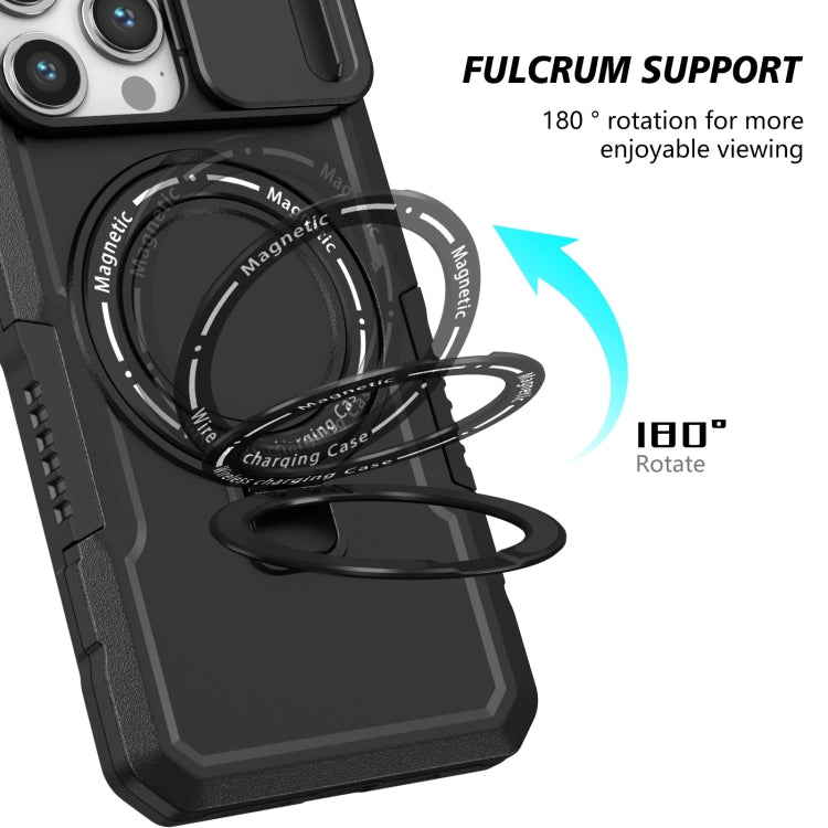For iPhone 15 Pro Sliding Camshield MagSafe Holder TPU Hybrid PC Phone Case(Black)