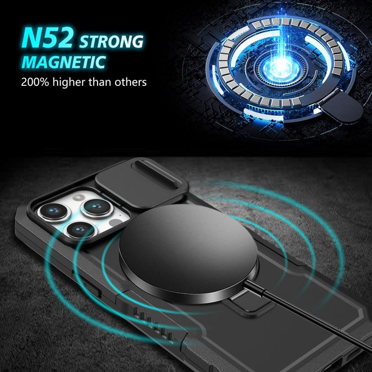 For iPhone 15 Pro Sliding Camshield MagSafe Holder TPU Hybrid PC Phone Case(Black)
