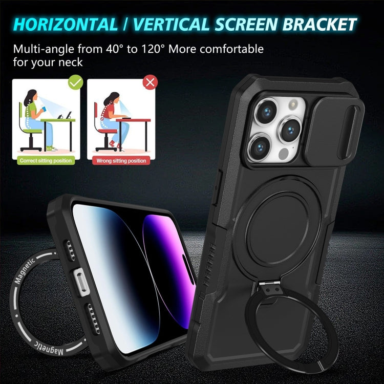 For iPhone 15 Pro Sliding Camshield MagSafe Holder TPU Hybrid PC Phone Case(Black)