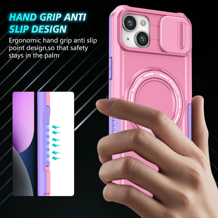 For iPhone 15 Plus Sliding Camshield Magsafe Holder TPU Hybrid PC Phone Case(Purple Pink)