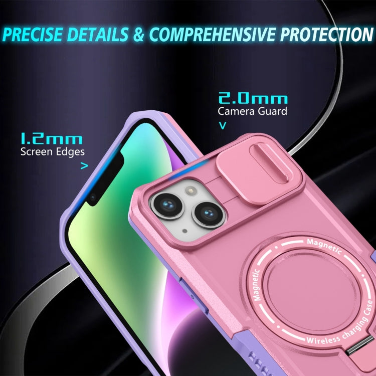 For iPhone 15 Plus Sliding Camshield Magsafe Holder TPU Hybrid PC Phone Case(Purple Pink)