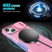 For iPhone 15 Plus Sliding Camshield Magsafe Holder TPU Hybrid PC Phone Case(Purple Pink)