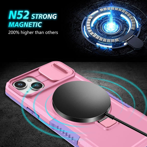 For iPhone 15 Plus Sliding Camshield Magsafe Holder TPU Hybrid PC Phone Case(Purple Pink)