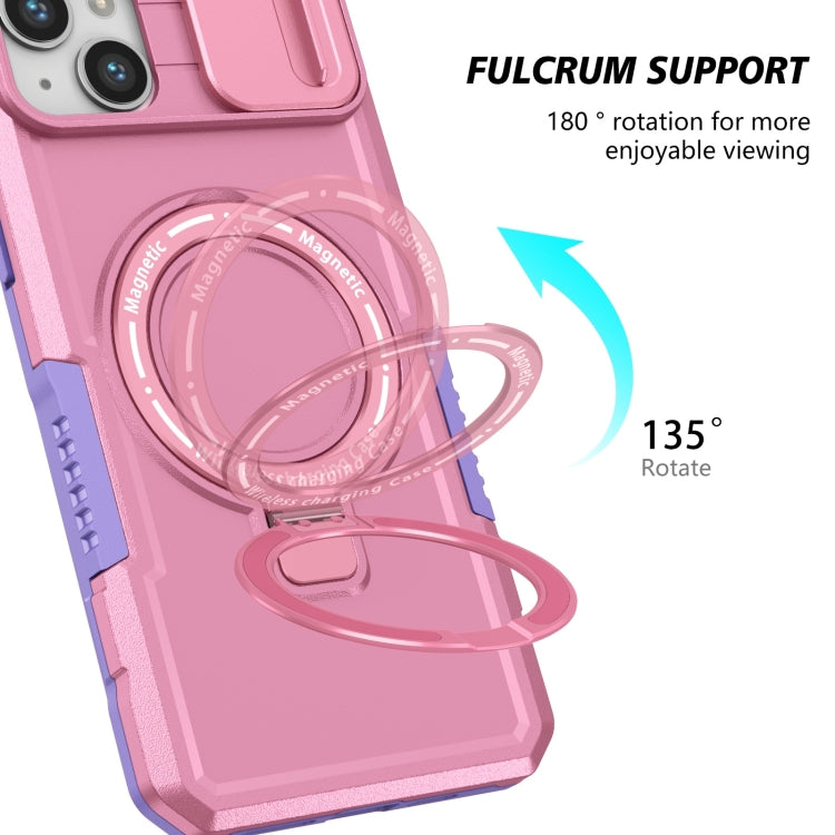 For iPhone 15 Plus Sliding Camshield Magsafe Holder TPU Hybrid PC Phone Case(Purple Pink)