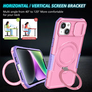 For iPhone 15 Plus Sliding Camshield Magsafe Holder TPU Hybrid PC Phone Case(Purple Pink)