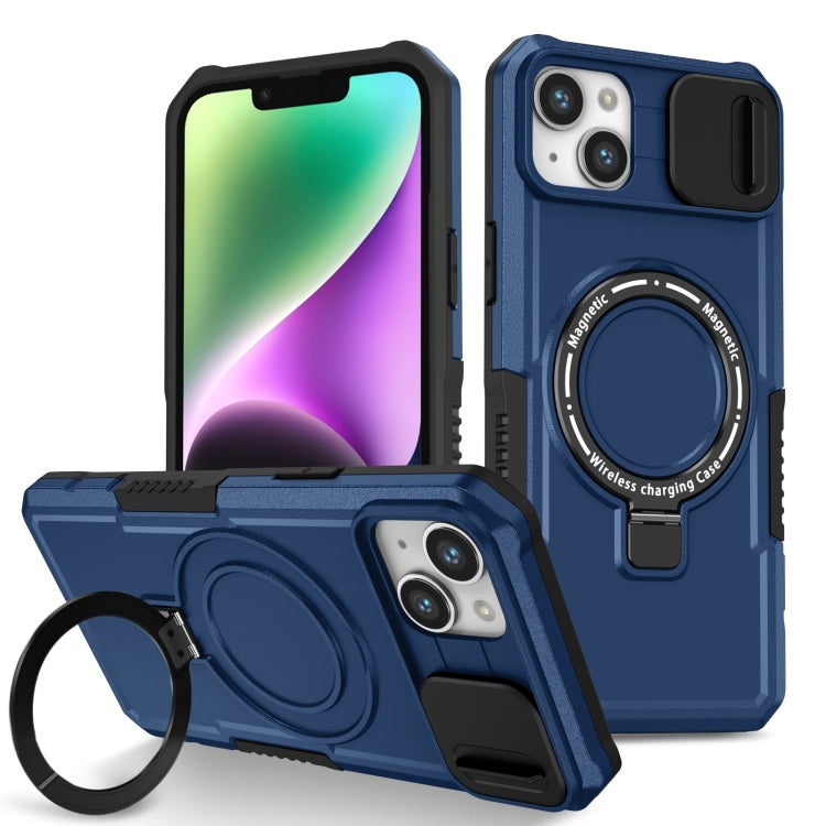 For iPhone 14 Plus Sliding Camshield Magsafe Holder TPU Hybrid PC Phone Case(Royal Blue)