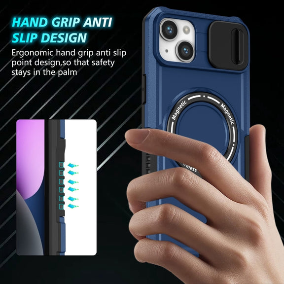 For iPhone 14 Plus Sliding Camshield Magsafe Holder TPU Hybrid PC Phone Case(Royal Blue)