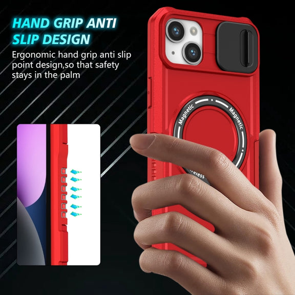 For iPhone 14 Plus Sliding Camshield Magsafe Holder TPU Hybrid PC Phone Case(Red)
