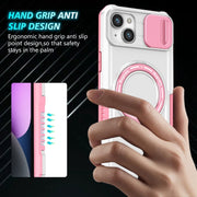 For iPhone 14 Sliding Camshield Magsafe Holder TPU Hybrid PC Phone Case(Pink White)