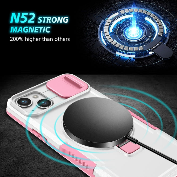 For iPhone 14 Sliding Camshield Magsafe Holder TPU Hybrid PC Phone Case(Pink White)