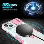 For iPhone 14 Sliding Camshield Magsafe Holder TPU Hybrid PC Phone Case(Pink White)