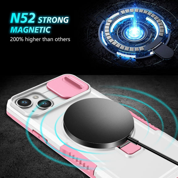 For iPhone 14 Sliding Camshield Magsafe Holder TPU Hybrid PC Phone Case(Pink White)