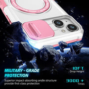 For iPhone 14 Sliding Camshield Magsafe Holder TPU Hybrid PC Phone Case(Pink White)