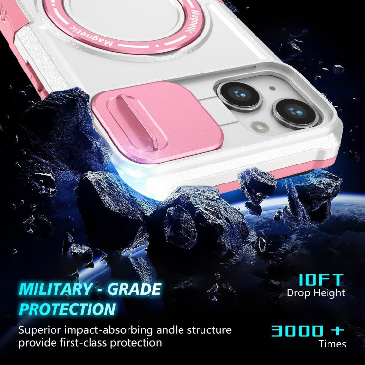 For iPhone 14 Sliding Camshield Magsafe Holder TPU Hybrid PC Phone Case(Pink White)