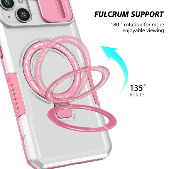 For iPhone 14 Sliding Camshield Magsafe Holder TPU Hybrid PC Phone Case(Pink White)