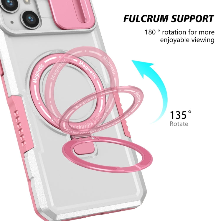 For iPhone 14 Sliding Camshield Magsafe Holder TPU Hybrid PC Phone Case(Pink White)