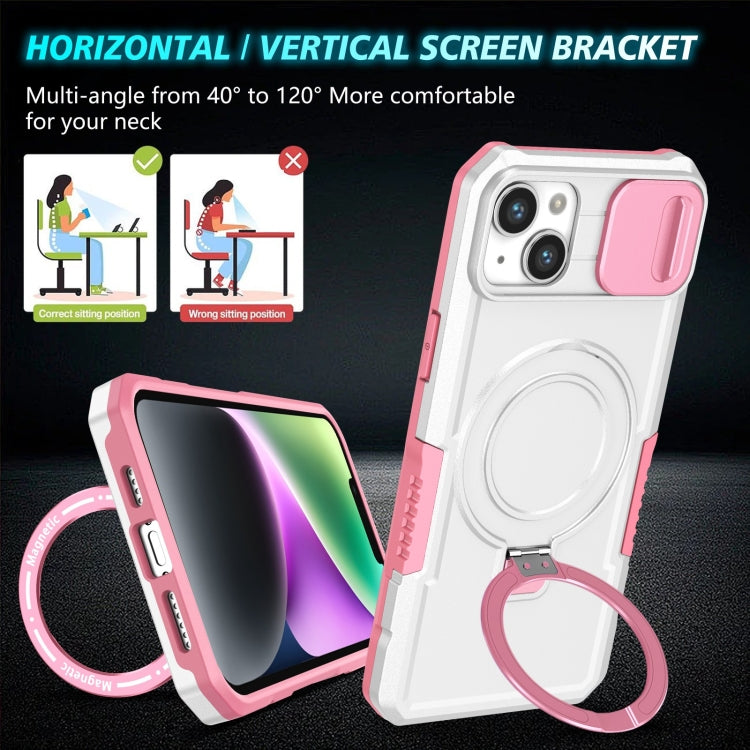 For iPhone 14 Sliding Camshield Magsafe Holder TPU Hybrid PC Phone Case(Pink White)