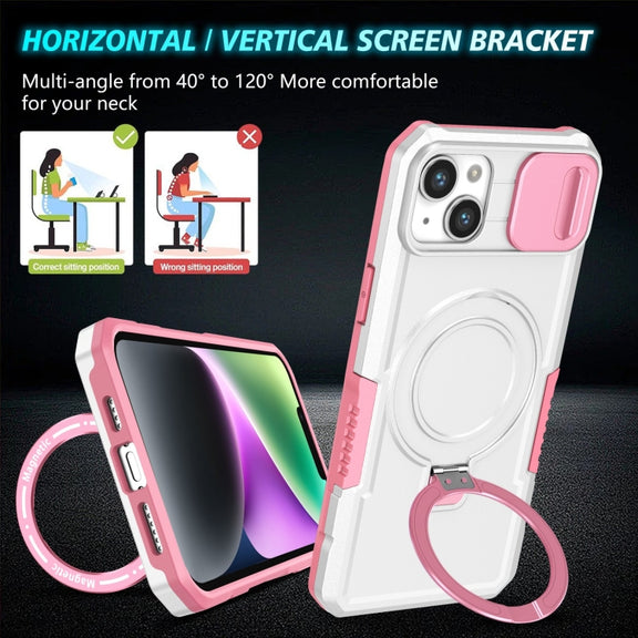 For iPhone 14 Sliding Camshield Magsafe Holder TPU Hybrid PC Phone Case(Pink White)