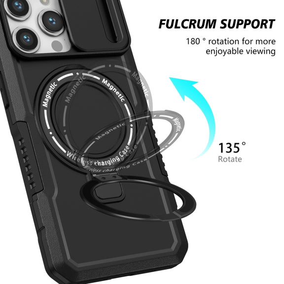 For iPhone 14 Pro Max Sliding Camshield Magsafe Holder TPU Hybrid PC Phone Case(Black)