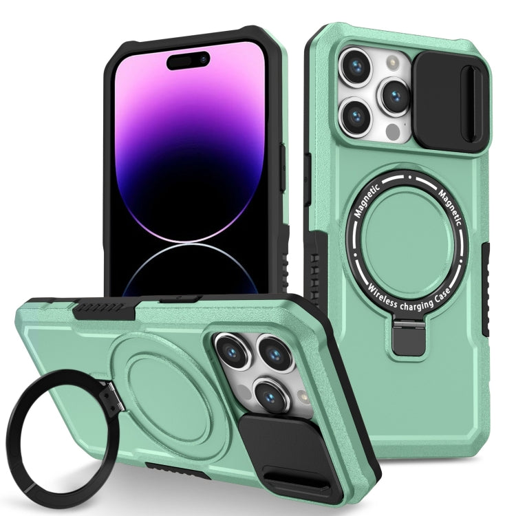 For iPhone 14 Pro Max Sliding Camshield MagSafe Holder TPU Hybrid PC Phone Case(Light Blue)