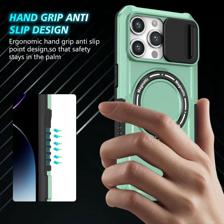 For iPhone 14 Pro Max Sliding Camshield MagSafe Holder TPU Hybrid PC Phone Case(Light Blue)