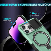 For iPhone 14 Pro Max Sliding Camshield MagSafe Holder TPU Hybrid PC Phone Case(Light Blue)