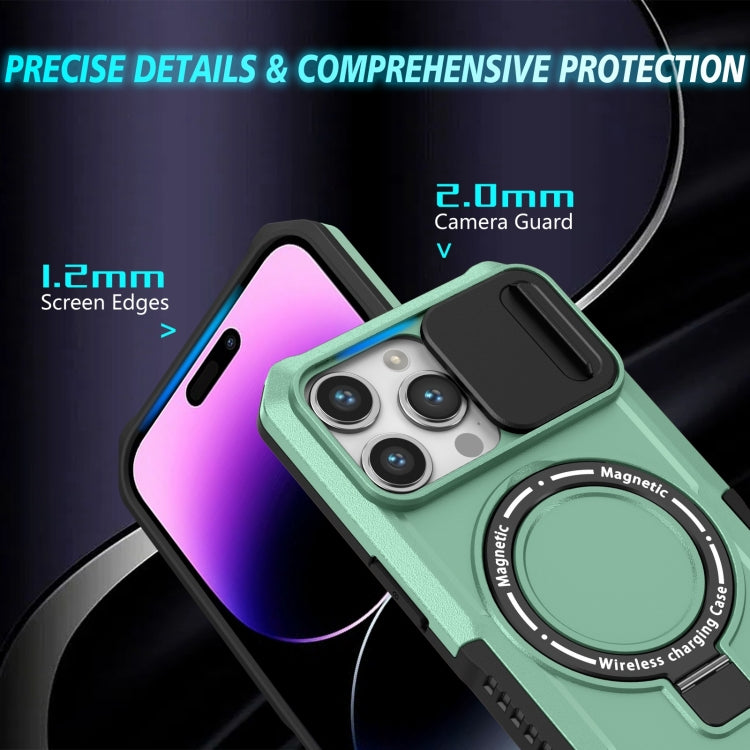 For iPhone 14 Pro Max Sliding Camshield MagSafe Holder TPU Hybrid PC Phone Case(Light Blue)
