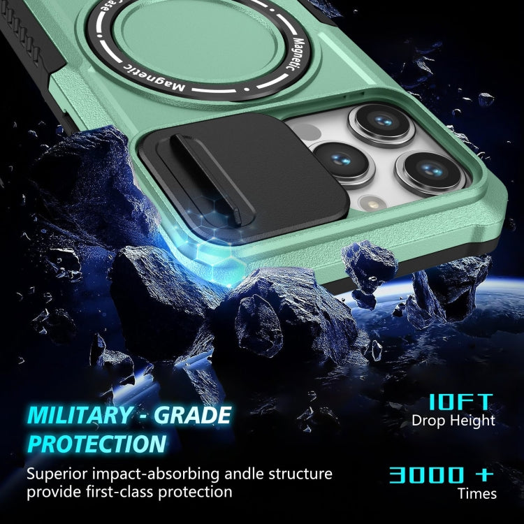 For iPhone 14 Pro Max Sliding Camshield MagSafe Holder TPU Hybrid PC Phone Case(Light Blue)