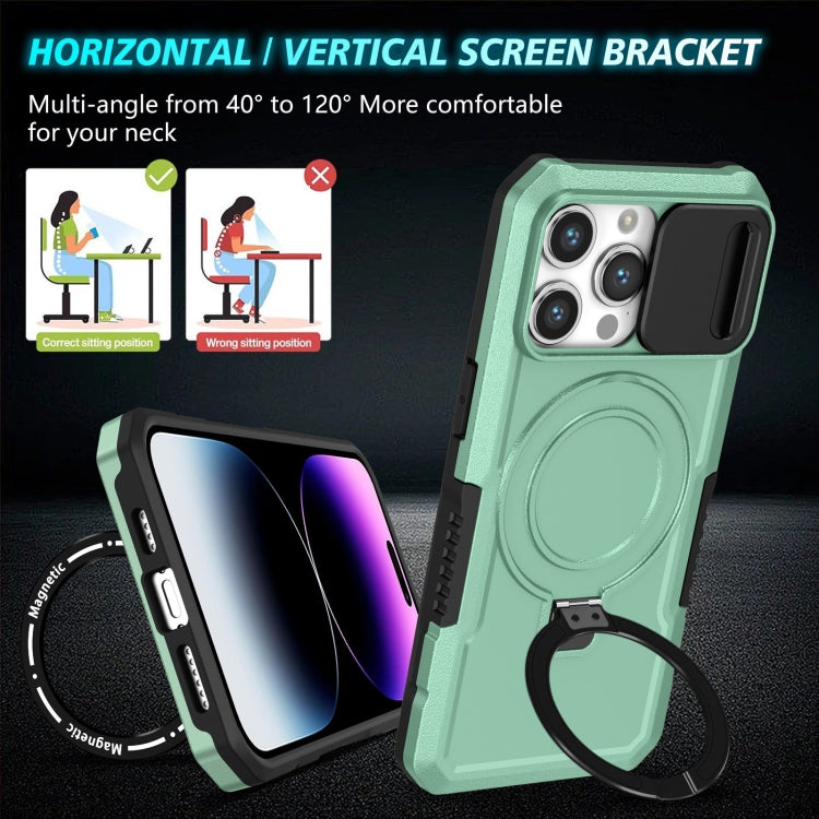 For iPhone 14 Pro Max Sliding Camshield MagSafe Holder TPU Hybrid PC Phone Case(Light Blue)