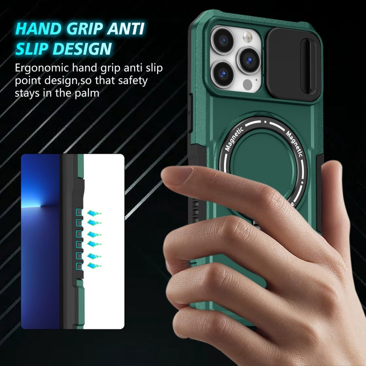 For iPhone 13 Pro Max Sliding Camshield Magsafe Holder TPU Hybrid PC Phone Case(Deep Green)