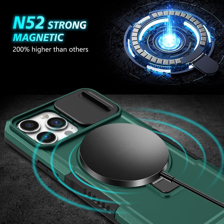 For iPhone 13 Pro Max Sliding Camshield Magsafe Holder TPU Hybrid PC Phone Case(Deep Green)