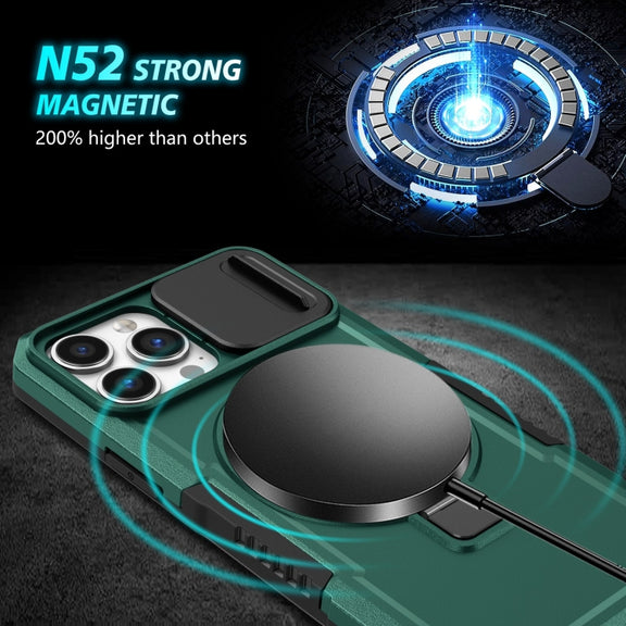 For iPhone 13 Pro Max Sliding Camshield Magsafe Holder TPU Hybrid PC Phone Case(Deep Green)