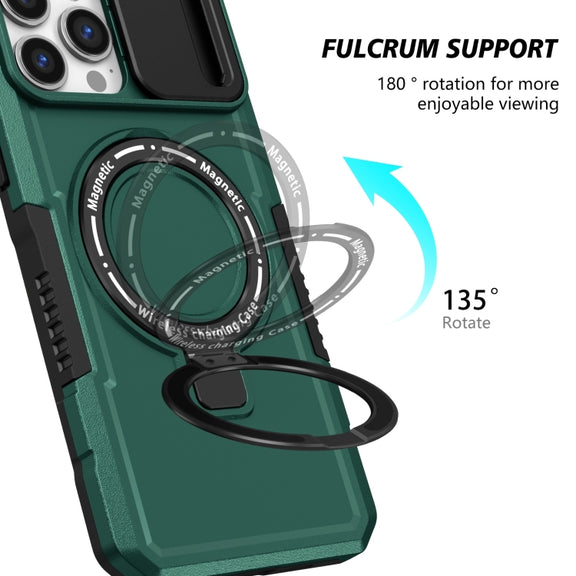For iPhone 13 Pro Max Sliding Camshield Magsafe Holder TPU Hybrid PC Phone Case(Deep Green)