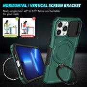 For iPhone 13 Pro Max Sliding Camshield Magsafe Holder TPU Hybrid PC Phone Case(Deep Green)