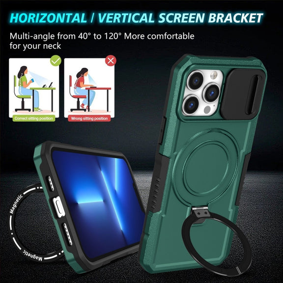 For iPhone 13 Pro Max Sliding Camshield Magsafe Holder TPU Hybrid PC Phone Case(Deep Green)