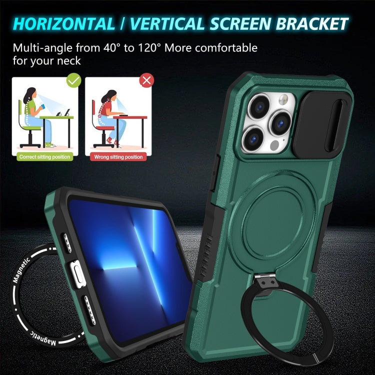 For iPhone 13 Pro Max Sliding Camshield Magsafe Holder TPU Hybrid PC Phone Case(Deep Green)
