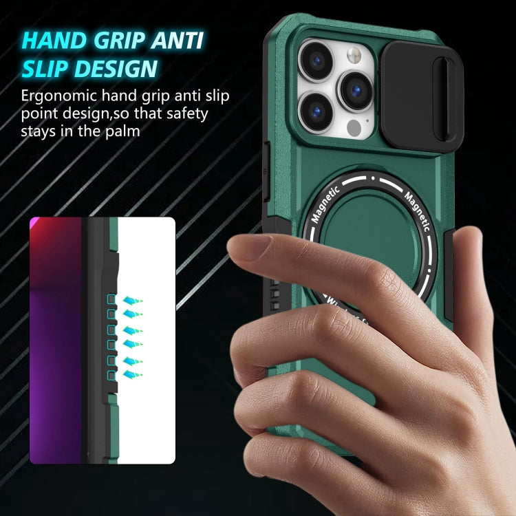 For iPhone 13 Pro Sliding Camshield Magsafe Holder TPU Hybrid PC Phone Case(Deep Green)