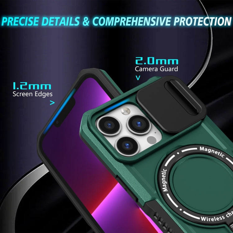 For iPhone 13 Pro Sliding Camshield Magsafe Holder TPU Hybrid PC Phone Case(Deep Green)