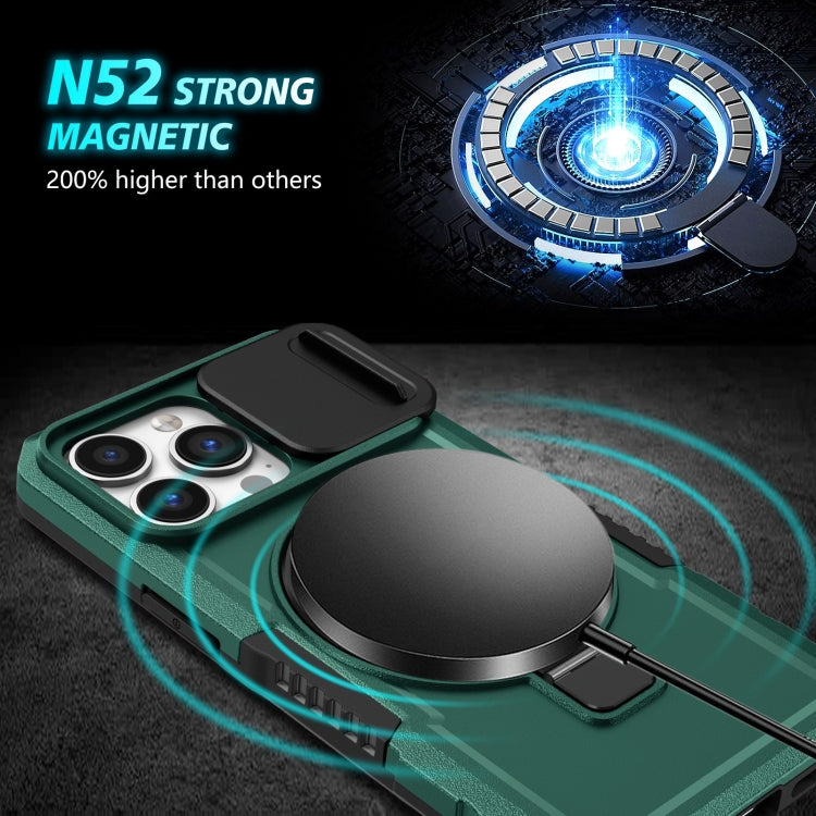 For iPhone 13 Pro Sliding Camshield Magsafe Holder TPU Hybrid PC Phone Case(Deep Green)